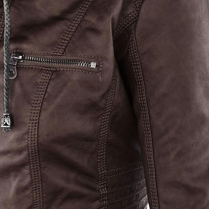 Chaqueta de Cuero Mujer con Capucha Desmontable y Cordones Ajustables