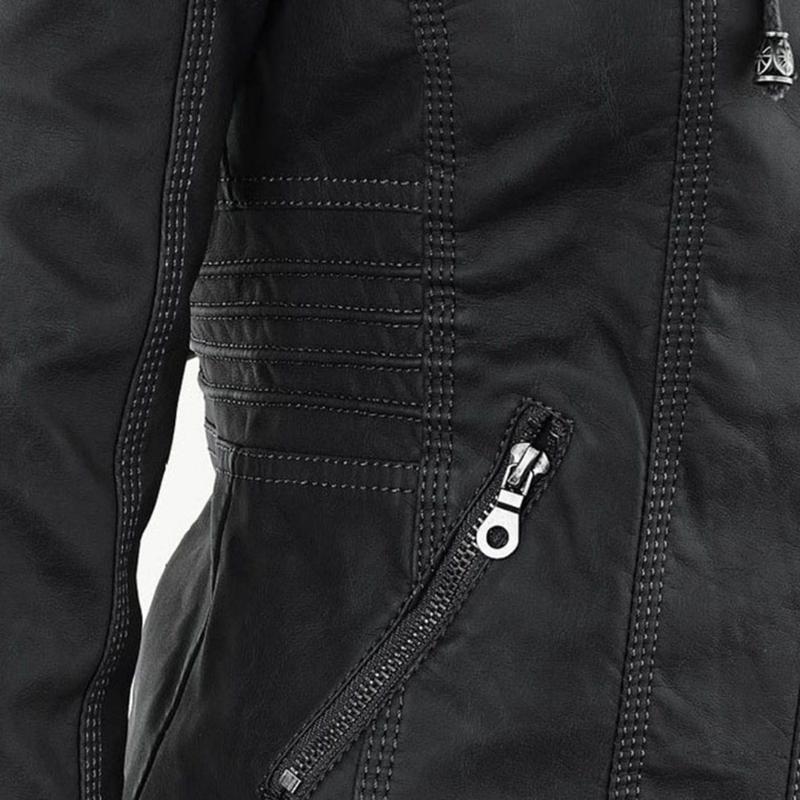 Chaqueta de Cuero Mujer con Capucha Desmontable y Cordones Ajustables