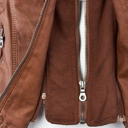 Chaqueta de Cuero Mujer con Capucha Desmontable y Cordones Ajustables
