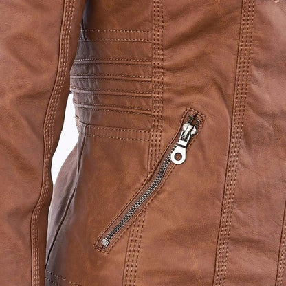 Chaqueta de Cuero Mujer con Capucha Desmontable y Cordones Ajustables