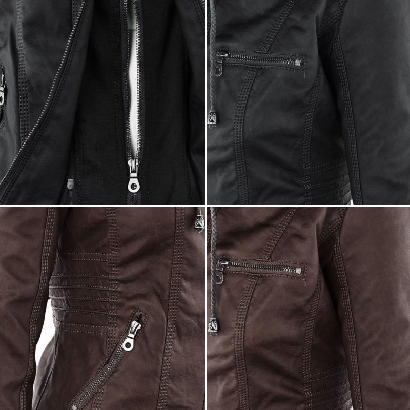 Chaqueta de Cuero Mujer con Capucha Desmontable y Cordones Ajustables
