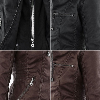 Chaqueta de Cuero Mujer con Capucha Desmontable y Cordones Ajustables