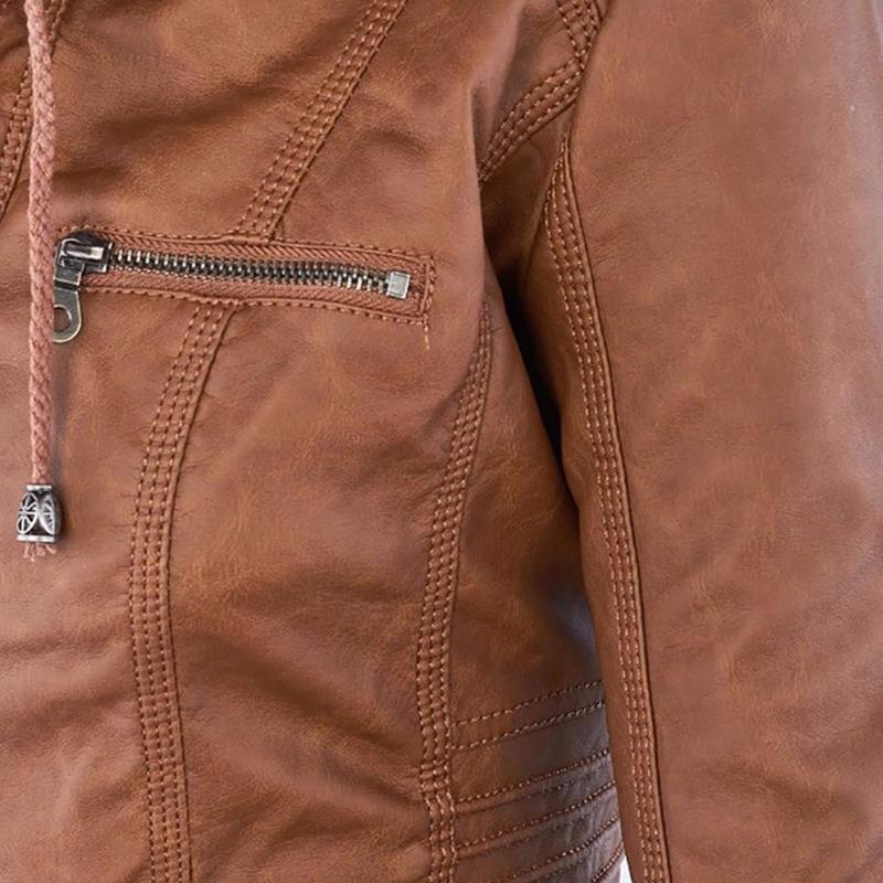 Chaqueta de Cuero Mujer con Capucha Desmontable y Cordones Ajustables
