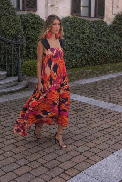 Vestido largo de fiesta Zahara™ con estampado étnico, tirantes de tafetán negro y bajo asimétrico