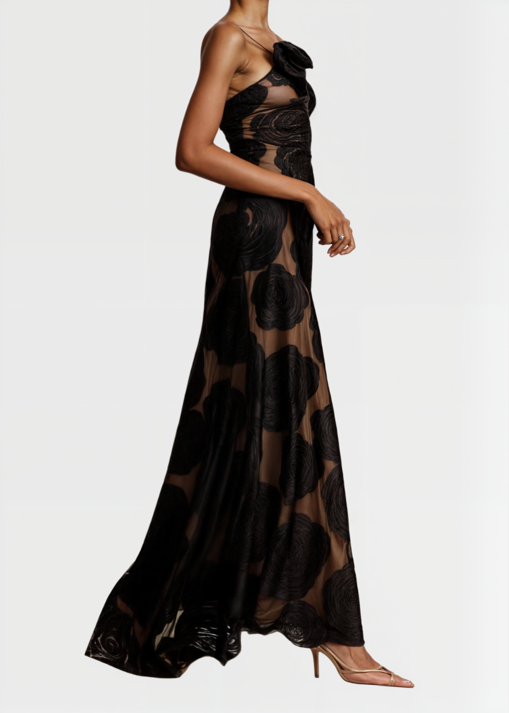 Vestido Faith Rozenbloem maxi con aplicaciones de rosas y tirante asimétrico