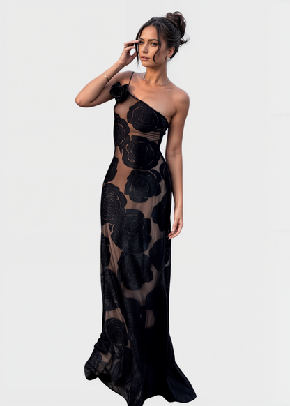 Vestido Faith Rozenbloem maxi con aplicaciones de rosas y tirante asimétrico