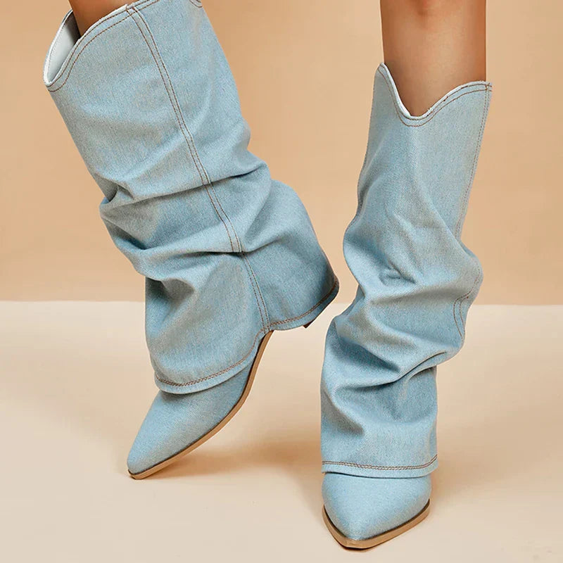 Botas de denim Jill para mujer con tacón firme y corte hasta la rodilla