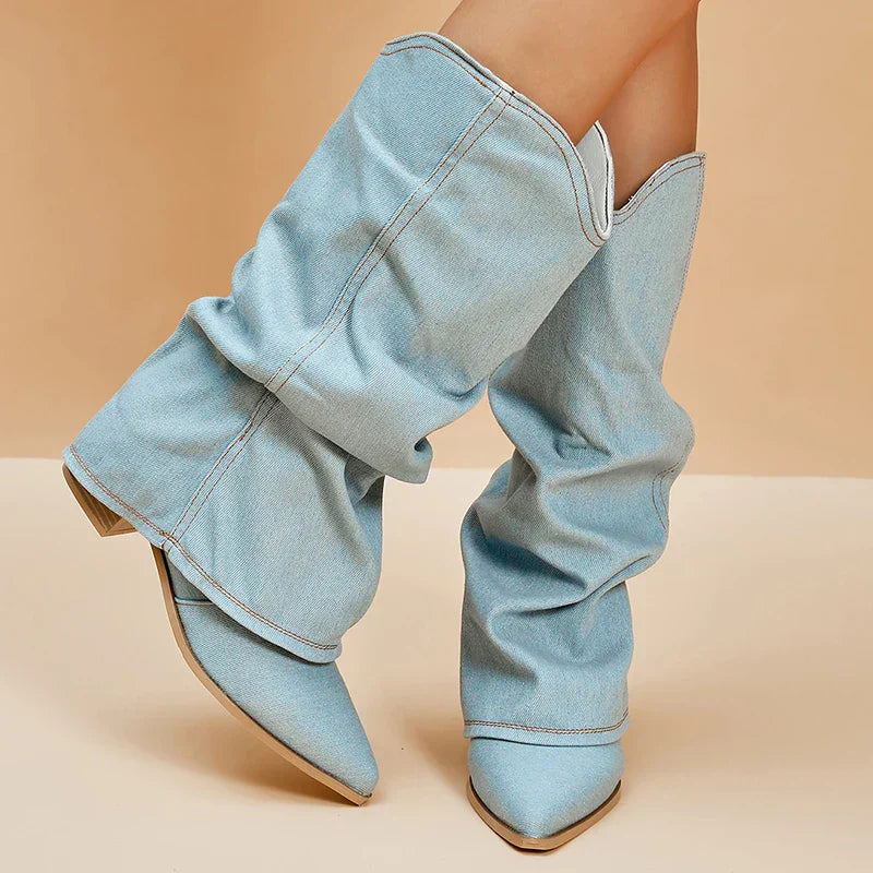 Botas de denim Jill para mujer con tacón firme y corte hasta la rodilla