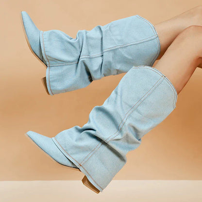 Botas de denim Jill para mujer con tacón firme y corte hasta la rodilla