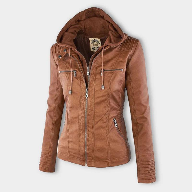 Chaqueta de Cuero Mujer con Capucha Desmontable y Cordones Ajustables