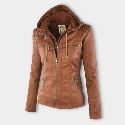 Chaqueta de Cuero Mujer con Capucha Desmontable y Cordones Ajustables