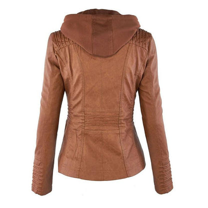 Chaqueta de Cuero Mujer con Capucha Desmontable y Cordones Ajustables