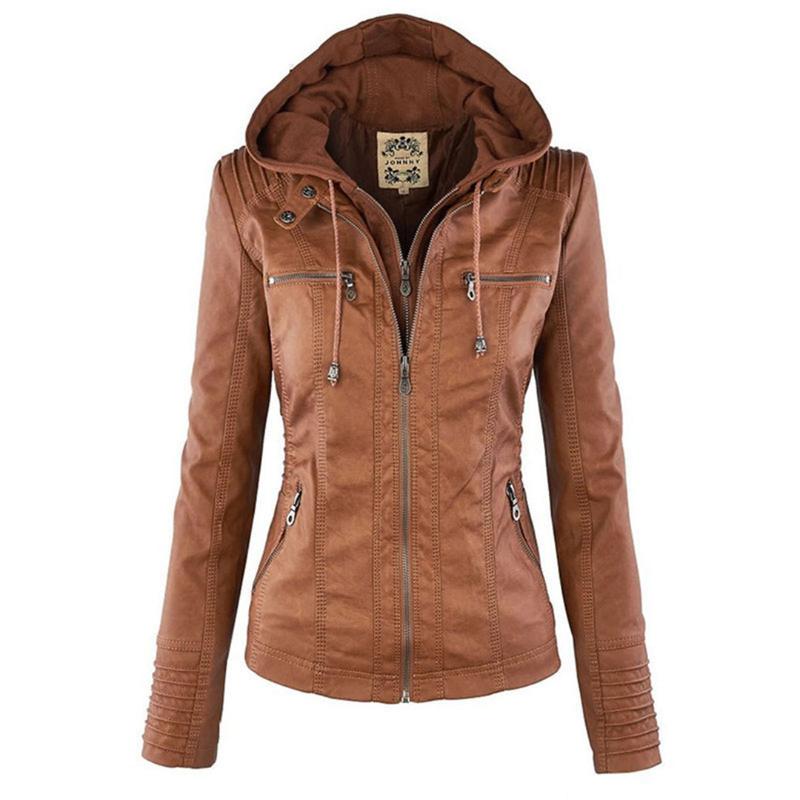 Chaqueta de Cuero Mujer con Capucha Desmontable y Cordones Ajustables