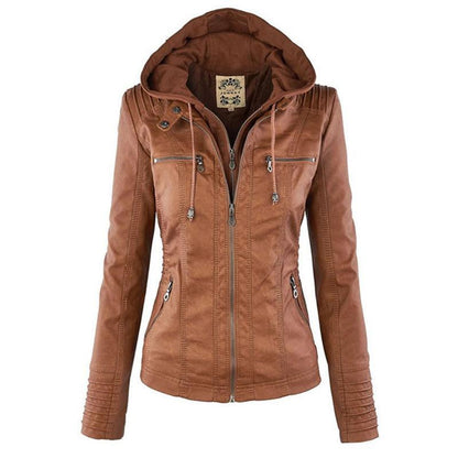 Chaqueta de Cuero Mujer con Capucha Desmontable y Cordones Ajustables