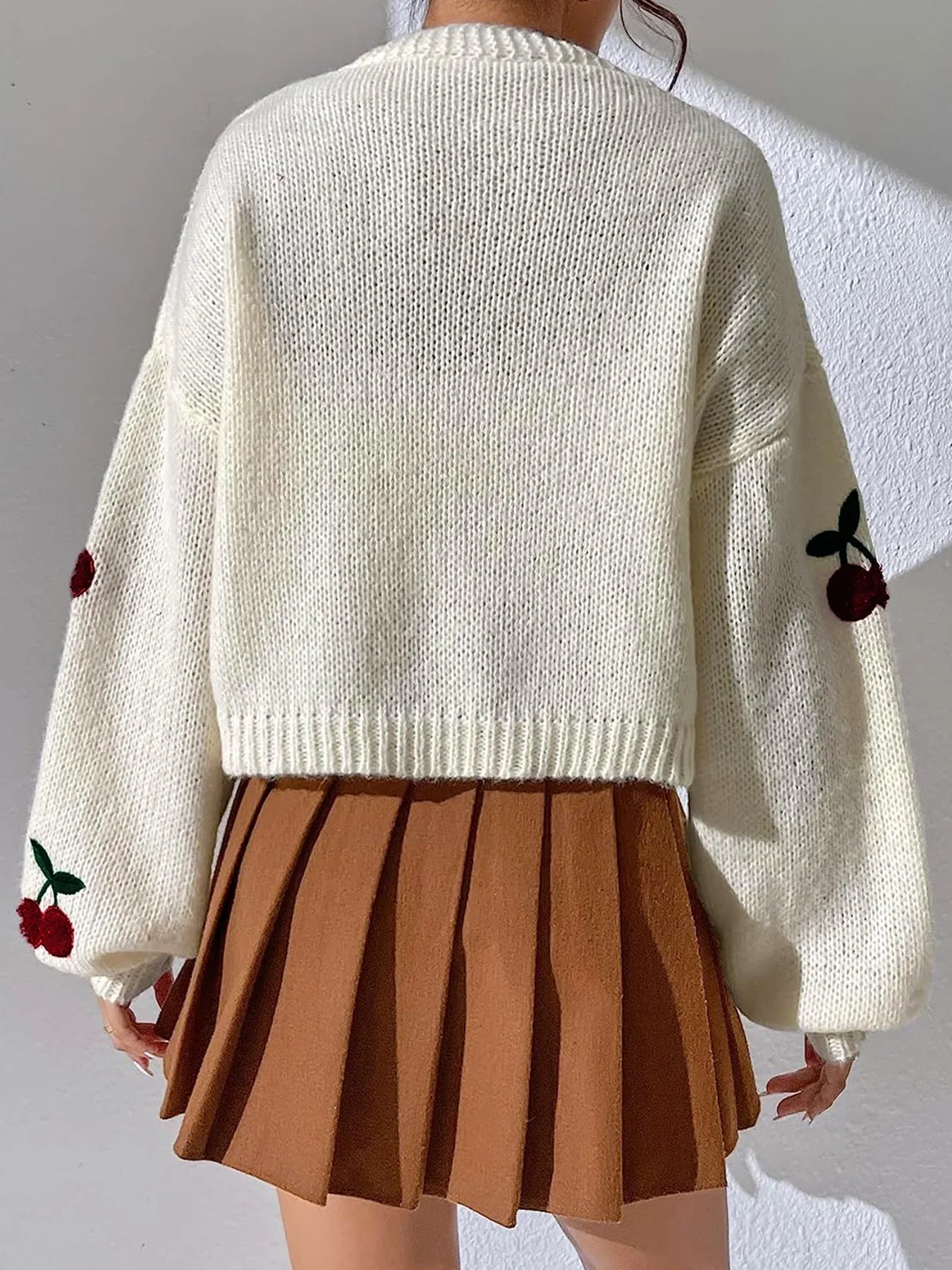 Cardigan de punto con estampado de cereza para mujer, cálido y estilizado
