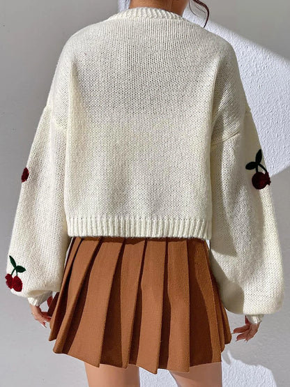 Cardigan de punto con estampado de cereza para mujer, cálido y estilizado