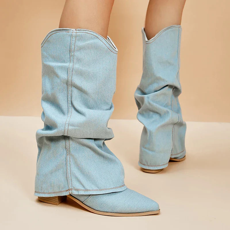 Botas de denim Jill para mujer con tacón firme y corte hasta la rodilla