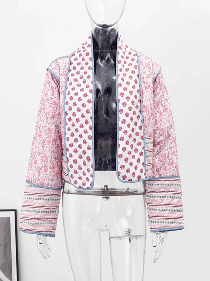 Abrigo reversible mujer con estampado floral, rosa y azul, elegante y cómodo