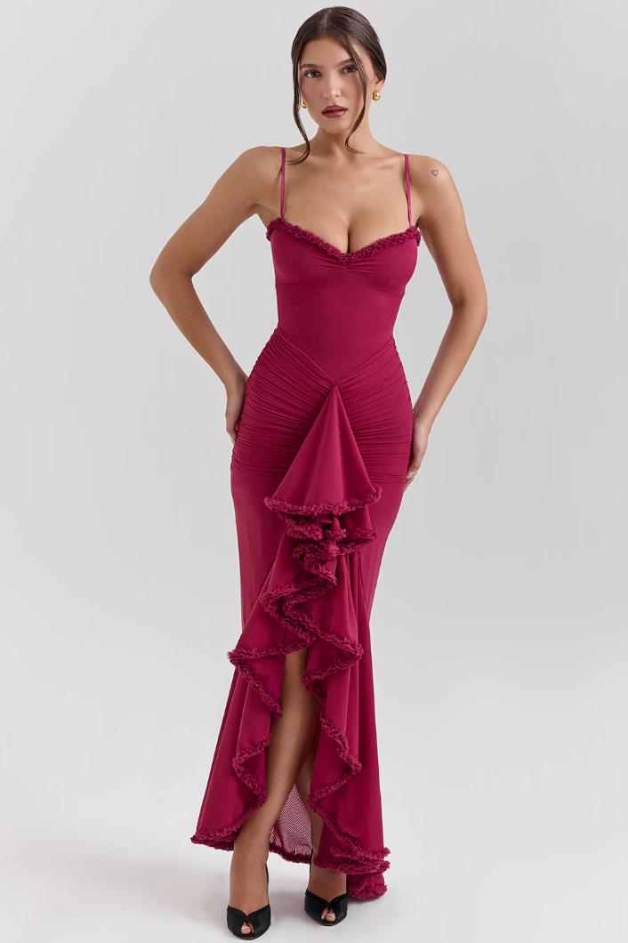 Maxivestido Alicia mujer con volantes y aberturas elegantes