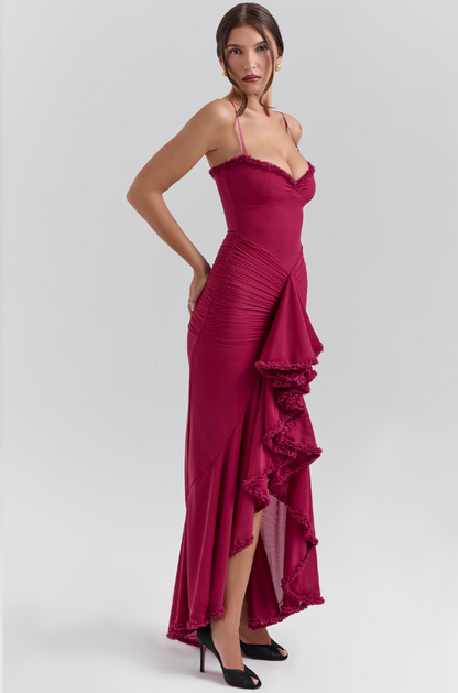 Maxivestido Alicia mujer con volantes y aberturas elegantes