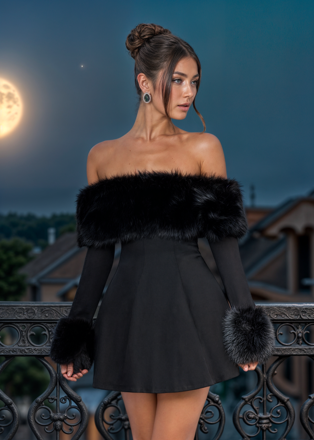 Serena vestido off-shoulder con mangas de piel elegante para mujer