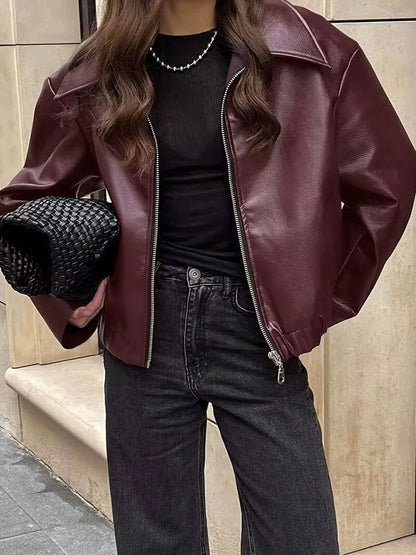 Chaqueta Bomber Cuero Mujer con Mangas 7/8 y Cuello Clásico