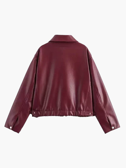 Chaqueta Bomber Cuero Mujer con Mangas 7/8 y Cuello Clásico