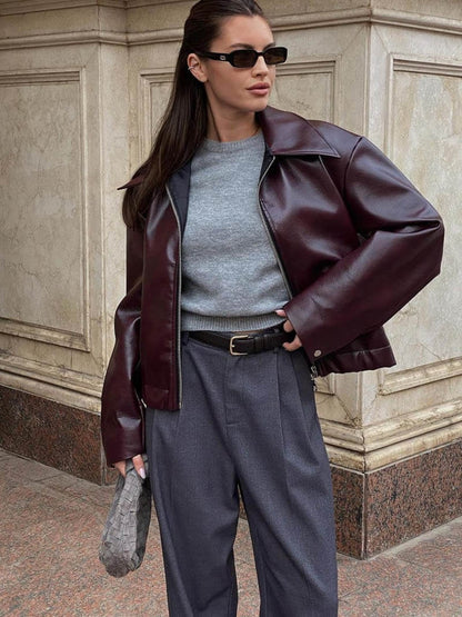 Chaqueta Bomber Cuero Mujer con Mangas 7/8 y Cuello Clásico