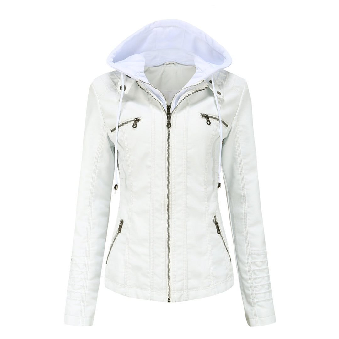 Chaqueta de Cuero Mujer con Capucha Desmontable y Cordones Ajustables