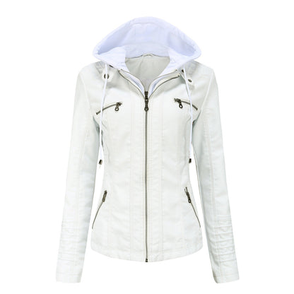 Chaqueta de Cuero Mujer con Capucha Desmontable y Cordones Ajustables
