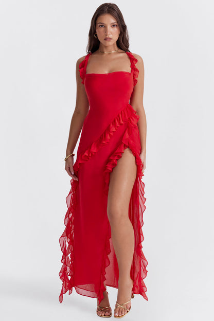 Vestido elegante Gabriella para mujer con split alto y detalles de ruches