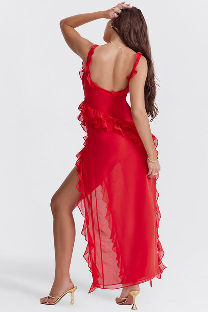 Vestido elegante Gabriella para mujer con split alto y detalles de ruches