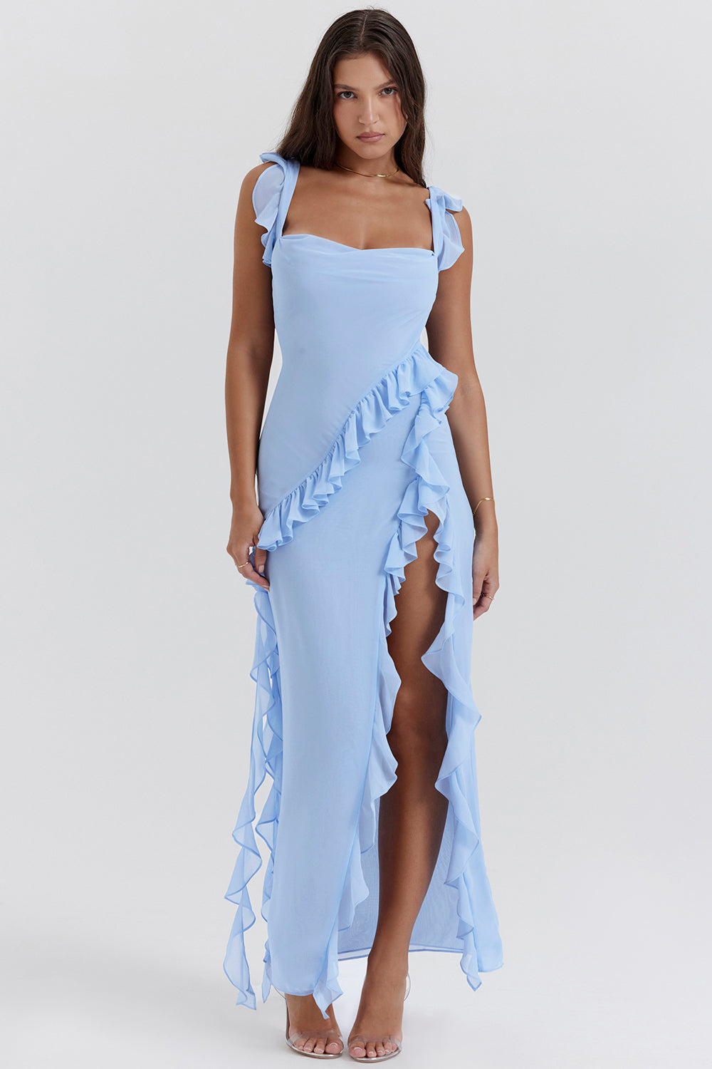 Vestido Elegante Mujer – Con Split Alto y Detalles de Ruches – Gabriella