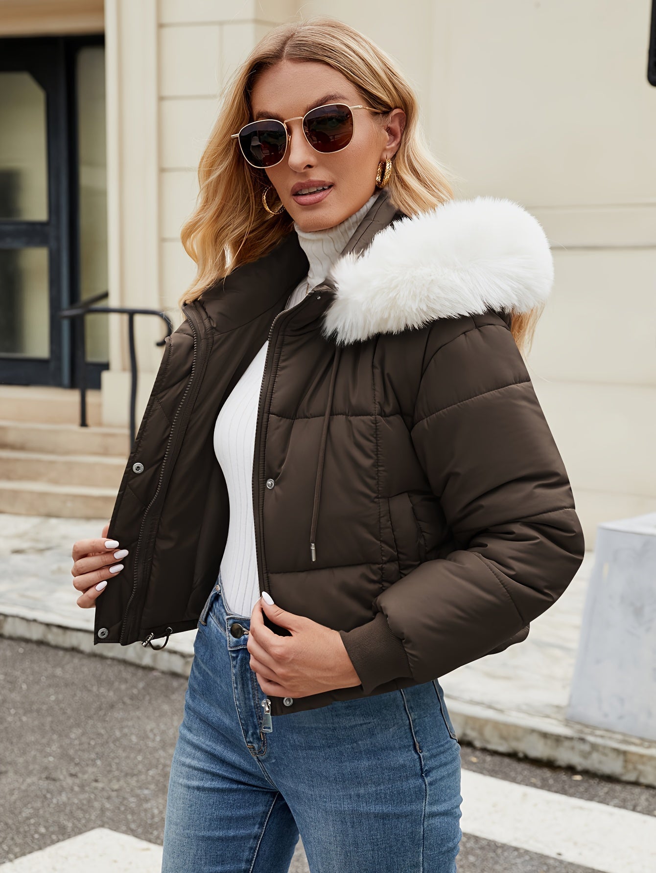 Chaqueta corto Isla Luxe mujer con capucha de piel, acolchado y diseño elegante para invierno