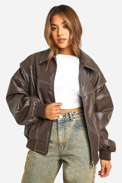 Cuero Bomber Jacket Mujer con Mangas 7/8 y Cuello Clásico