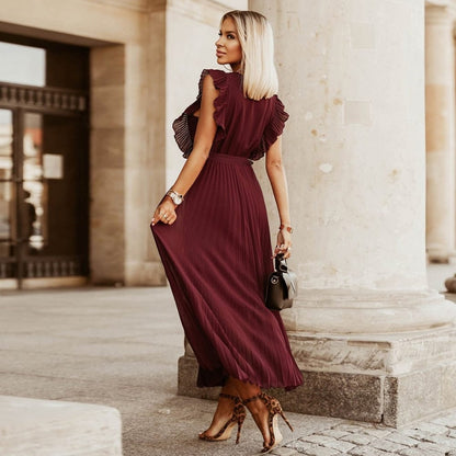 Vestido bohemio rojo oscuro con escote en V, elegante y festivo