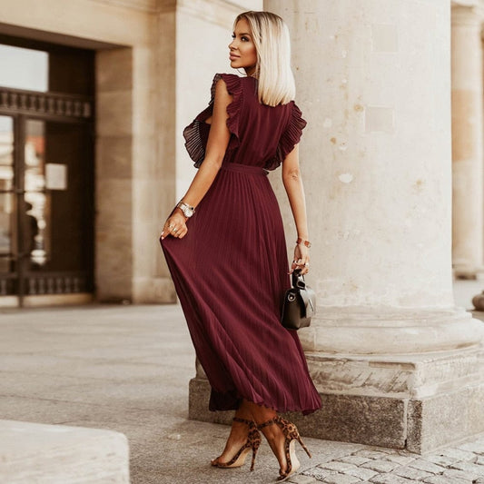Vestido bohemio rojo oscuro con escote en V, elegante y festivo