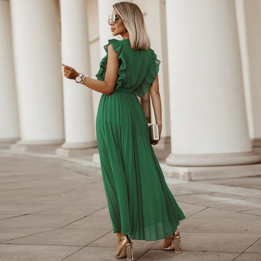 Vestido bohemio verde con escote en V para mujer, elegante y perfecto para bodas