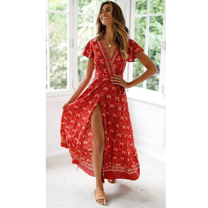 Vestido rojo corte alto para mujer, estilo Ibiza con escote elegante