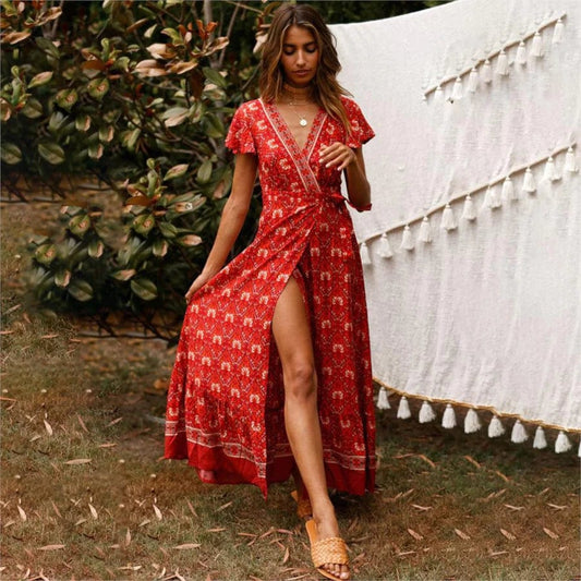 Vestido rojo corte alto para mujer, estilo Ibiza con escote elegante