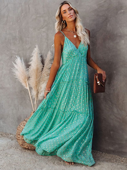 Vestido maxi verde con escote en V y estampado de Ibiza para mujer, veraniego y elegante