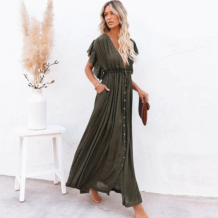 Maxi vestido Ibiza verde oscuro Esmee™ con escote en V y lazo en la parte trasera