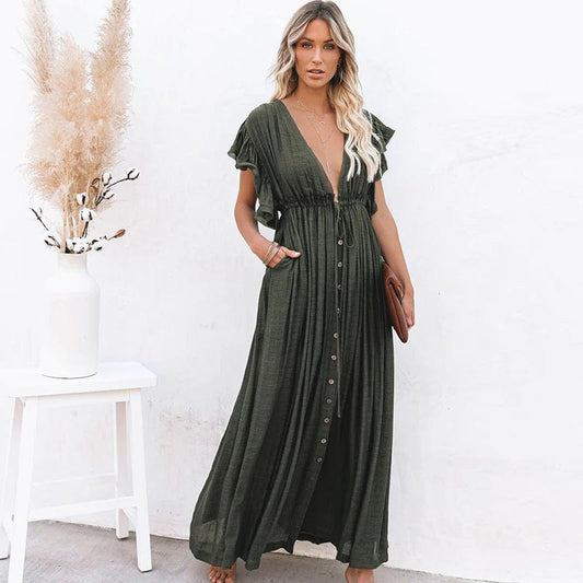 Maxi vestido Ibiza verde oscuro Esmee™ con escote en V y lazo en la parte trasera