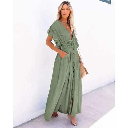 Maxi vestido verde estilo Ibiza boho-chic para mujer, perfecto para la playa