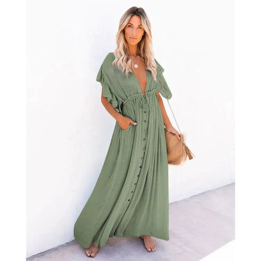 Maxi vestido verde estilo Ibiza boho-chic para mujer, perfecto para la playa