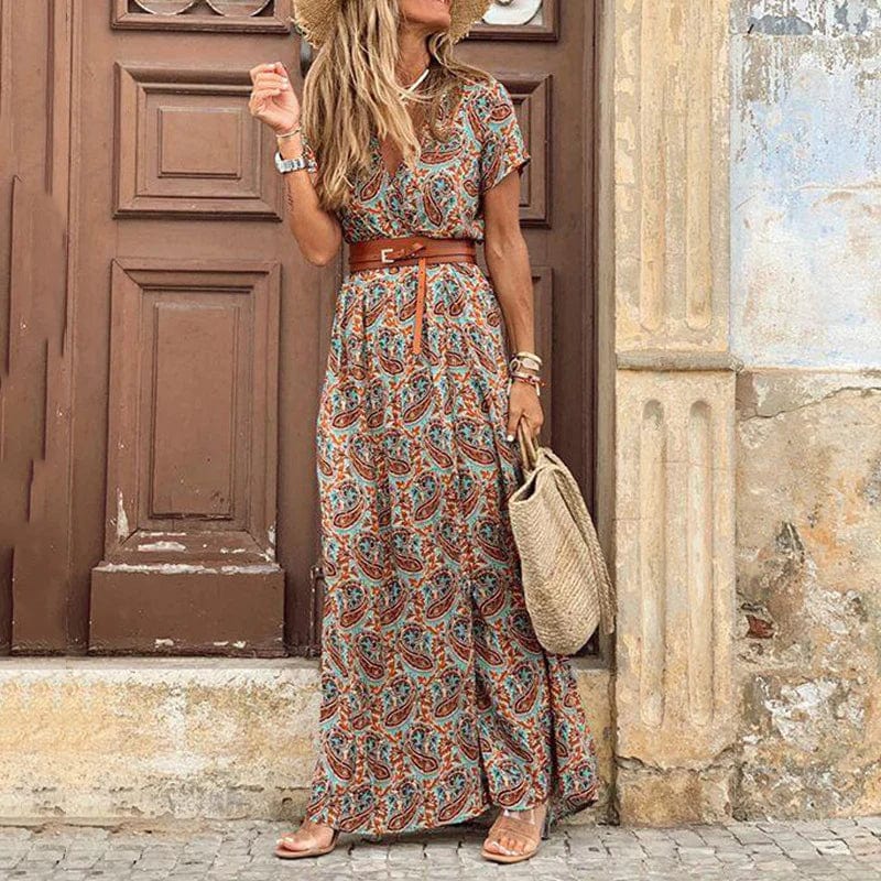 Vestido maxi bohemio con cinturón para mujer, estilo Ibiza chic