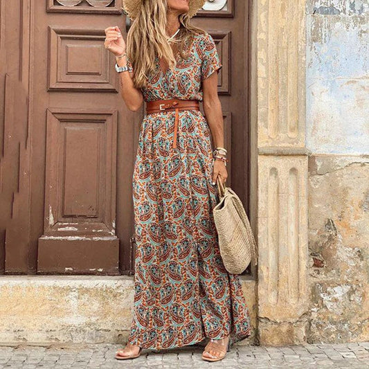 Vestido maxi bohemio con cinturón para mujer, estilo Ibiza chic