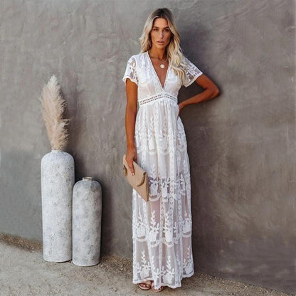 Vestido maxi de encaje para mujer, estilo Ibiza elegante