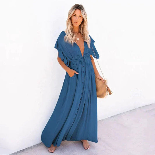 Maxi vestido marino azul de Ibiza Anouk con encaje y volantes para verano