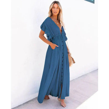 Maxi vestido marino azul de Ibiza Anouk con encaje y volantes para verano